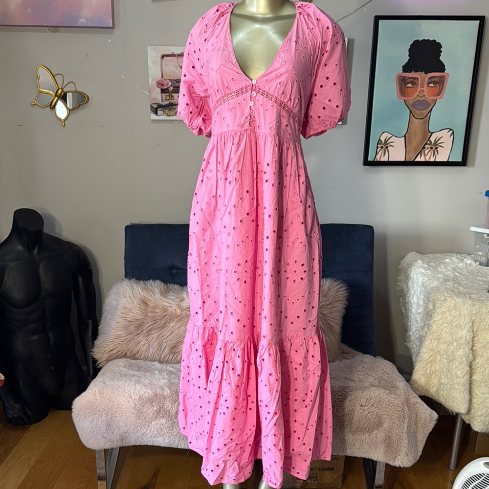Zara size M Polka Dot Maxi Dress Pink Eyelet Maxi Short Sleeve Cottage Core